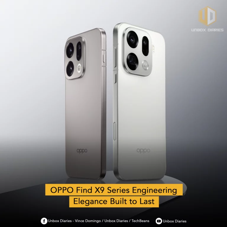 Two OPPO Find X9 smartphones, one in Titanium Grey and one in a lighter color, standing side-by-side, similar to the first image. A large yellow banner at the bottom reads: "OPPO Find X9 Series Engineering Elegance Built to Last." The image also includes watermarks/logos for "Unbox Diaries."