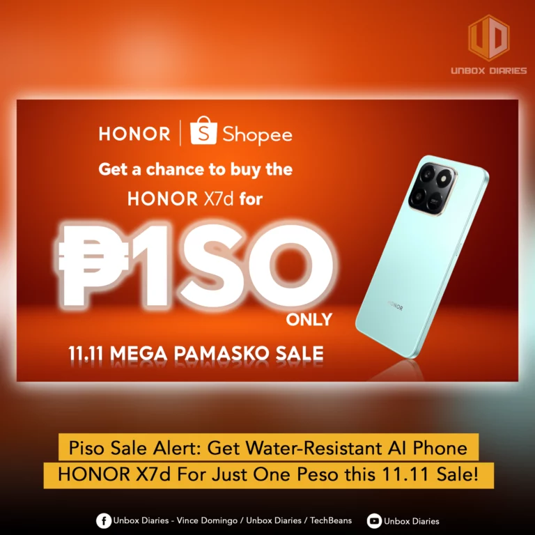 Digital graphic announcing an 11.11 sale. The background is a bright orange-red gradient. The text "HONOR Shopee" is at the top. The main text is large and white: "Get a chance to buy the HONOR X7d for P1SO ONLY 11.11 MEGA PAMASKO SALE". A light mint-green HONOR X7d smartphone is displayed on the right. A yellow banner at the bottom reads: "Piso Sale Alert: Get Water-Resistant AI Phone HONOR X7d For Just One Peso this 11.11 Sale!"