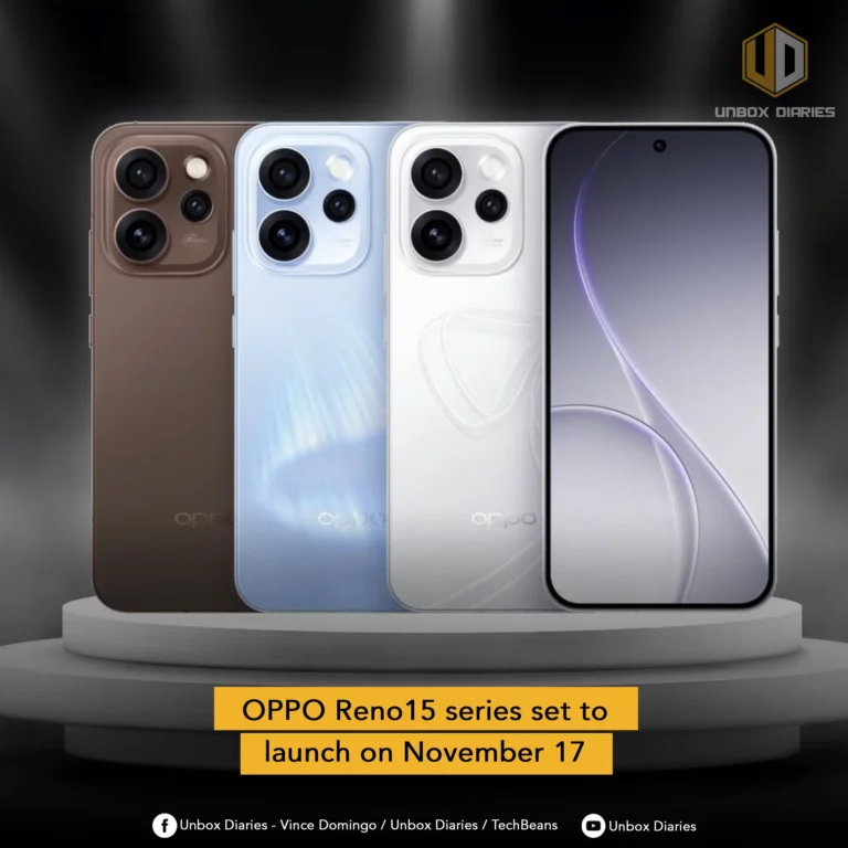 Four OPPO Reno15 smartphones are displayed in a row on a grey circular pedestal against a dark background. From left to right, the phones are brown, light blue, white, and one showing a purple and white abstract wallpaper on its screen. The first three phones prominently feature their camera modules and the "oppo" logo. The "UNBOX DIARIES" logo is at the top right. A yellow banner at the bottom announces "OPPO Reno15 series set to launch on November 17". Social media icons and text are present at the very bottom.