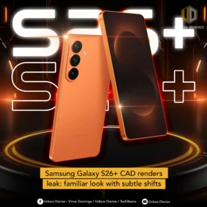 Two orange Samsung Galaxy S26+ smartphones are dynamically angled against a dark background with glowing orange rings and light streaks. One phone shows its back with a triple camera setup and "SAMSUNG" branding. The other phone displays a dark, glowing abstract wallpaper on its screen. Large white text "S26+" is prominent in the background. The "UNBOX DIARIES" logo is at the top right. A yellow banner at the bottom announces "Samsung Galaxy S26+ CAD renders leak: familiar look with subtle shifts". Social media icons and text are present at the very bottom.