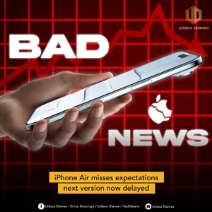 A hand is holding a sleek, silver smartphone, resembling an iPhone. The phone has a distinctive design with a subtle groove along its side. A cracked white Apple logo is positioned below the phone. Large white text "BAD" is above the phone, and "NEWS" is below the Apple logo, both with a subtle red glow. The background is a stark red grid pattern with a downward-trending red arrow, indicating a negative trend. The "UNBOX DIARIES" logo is at the top right. A yellow banner at the bottom reads "iPhone Air misses expectations next version now delayed". Social media icons and text are present at the very bottom.