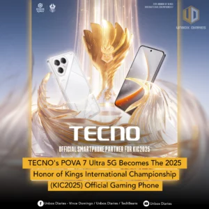 A visually striking promotional image announcing TECNO as the Official Smartphone Partner for the 2025 Honor of Kings International Championship (KIC2025). The image features a golden, stylized trophy at the center, with two TECNO POVA 7 Ultra 5G smartphones surrounding it, set against a shimmering gold background. The bottom text reads: "TECNO’s POVA 7 Ultra 5G Becomes The 2025 Honor of Kings International Championship (KIC2025) Official Gaming Phone."