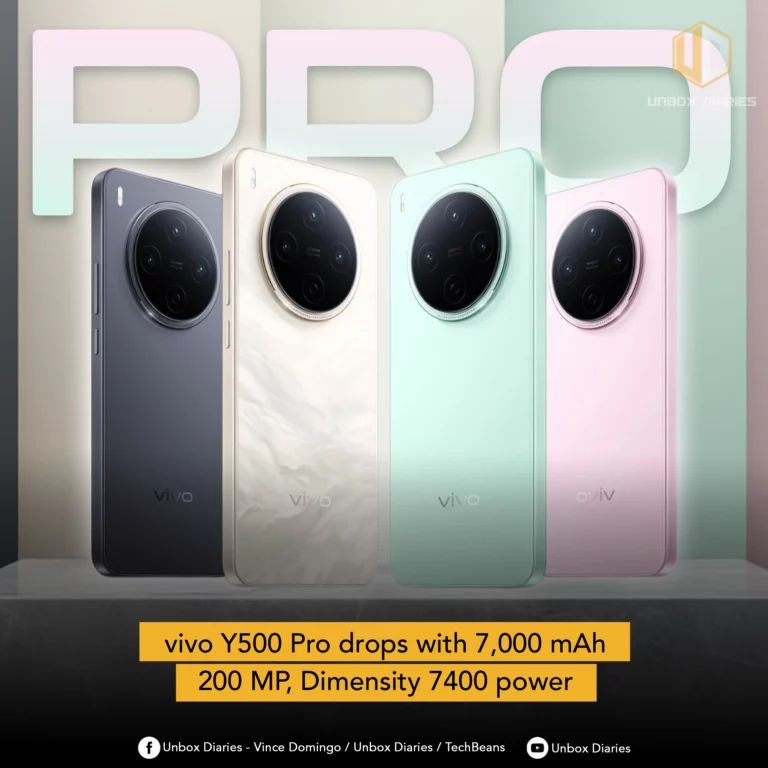 Four vivo Y500 Pro smartphones in dark grey, off-white (with a pearl-like finish), light green, and pink are displayed on a dark, textured surface. Each phone shows its back, featuring a large circular camera module with multiple lenses and "vivo" branding. Large, semi-transparent white text "PRO" is visible in the background. The "UNBOX DIARIES" logo is at the top right. A yellow banner at the bottom announces "vivo Y500 Pro drops with 7,000 mAh 200 MP, Dimensity 7400 power". Social media icons and text are present at the very bottom.