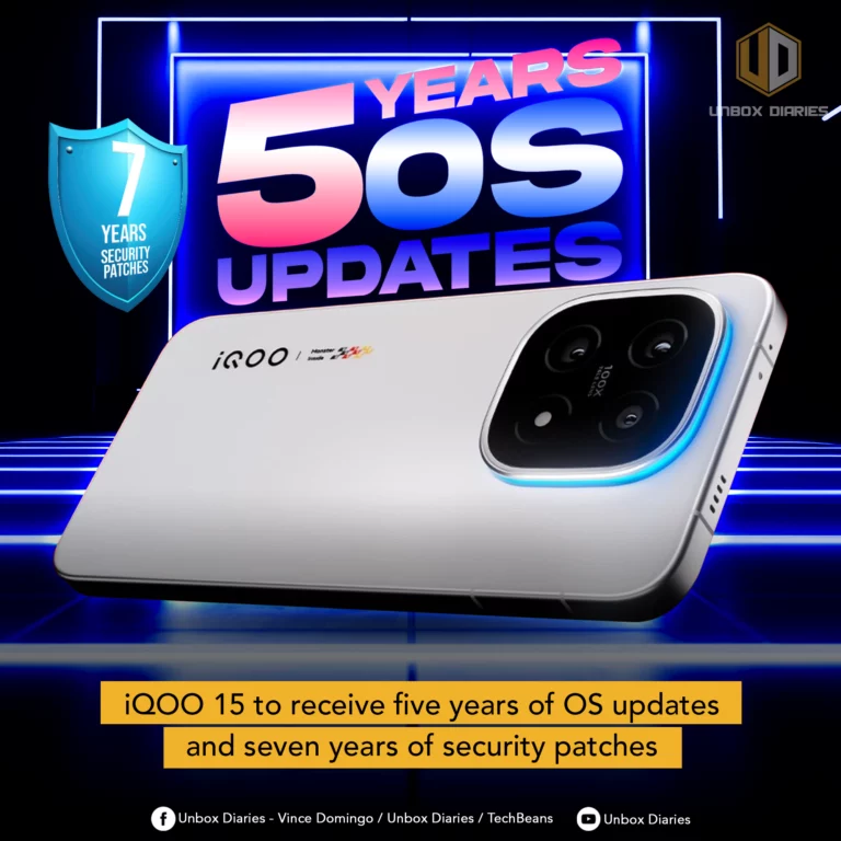 A sleek white smartphone, possibly the iQOO 15, is displayed at an angle against a futuristic dark background with glowing blue neon lines. The phone's prominent camera module is highlighted with a blue glow around its edge. Large, bold text "5 YEARS OS UPDATES" is visible above the phone, along with a blue shield icon stating "7 YEARS SECURITY PATCHES". The "UNBOX DIARIES" logo is at the top right. A yellow banner at the bottom announces "iQOO 15 to receive five years of OS updates and seven years of security patches". Social media icons and text are present at the very bottom.