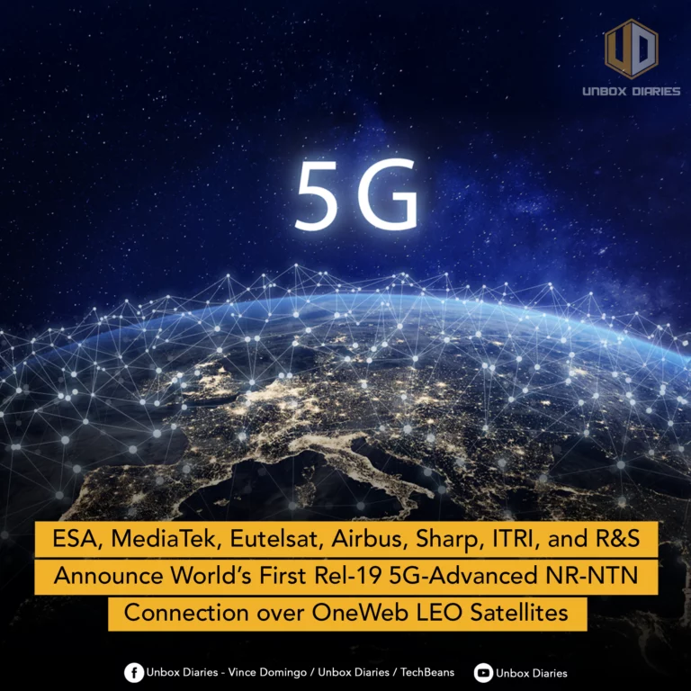 A promotional image with a dark blue background showing the Earth from space at night, illuminated over Europe. A glowing digital network mesh covers the planet, and the text "5G" is prominently displayed above. A banner at the bottom contains the headline: "ESA, MediaTek, Eutelsat, Airbus, Sharp, ITRI, and R&S Announce World’s First Rel-19 5G-Advanced NR-NTN Connection over OneWeb LEO Satellites."
