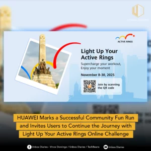 Promotional graphic for the 'Light Up Your Active Rings' online challenge featuring a photo of the Rizal Monument. Text reads: "Light Up Your Active Rings. Supercharge your workout, Enjoy your moment. November 8-30, 2025. Join by scanning the QR code." A banner below states: "HUAWEI Marks a Successful Community Fun Run and Invites Users to Continue the Journey with Light Up Your Active Rings Online Challenge."