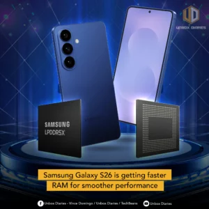 Two dark blue Samsung smartphones are displayed at angles against a blue, tech-inspired background with glowing lines. One phone shows its back with a triple camera setup, while the other displays a light purple wallpaper on its screen. In the foreground, two black square chips are floating: one labeled "SAMSUNG LPDDR5X" and another showing a grid of dots. The "UNBOX DIARIES" logo is at the top right. A yellow banner at the bottom announces "Samsung Galaxy S26 is getting faster RAM for smoother performance". Social media icons and text are present at the very bottom.