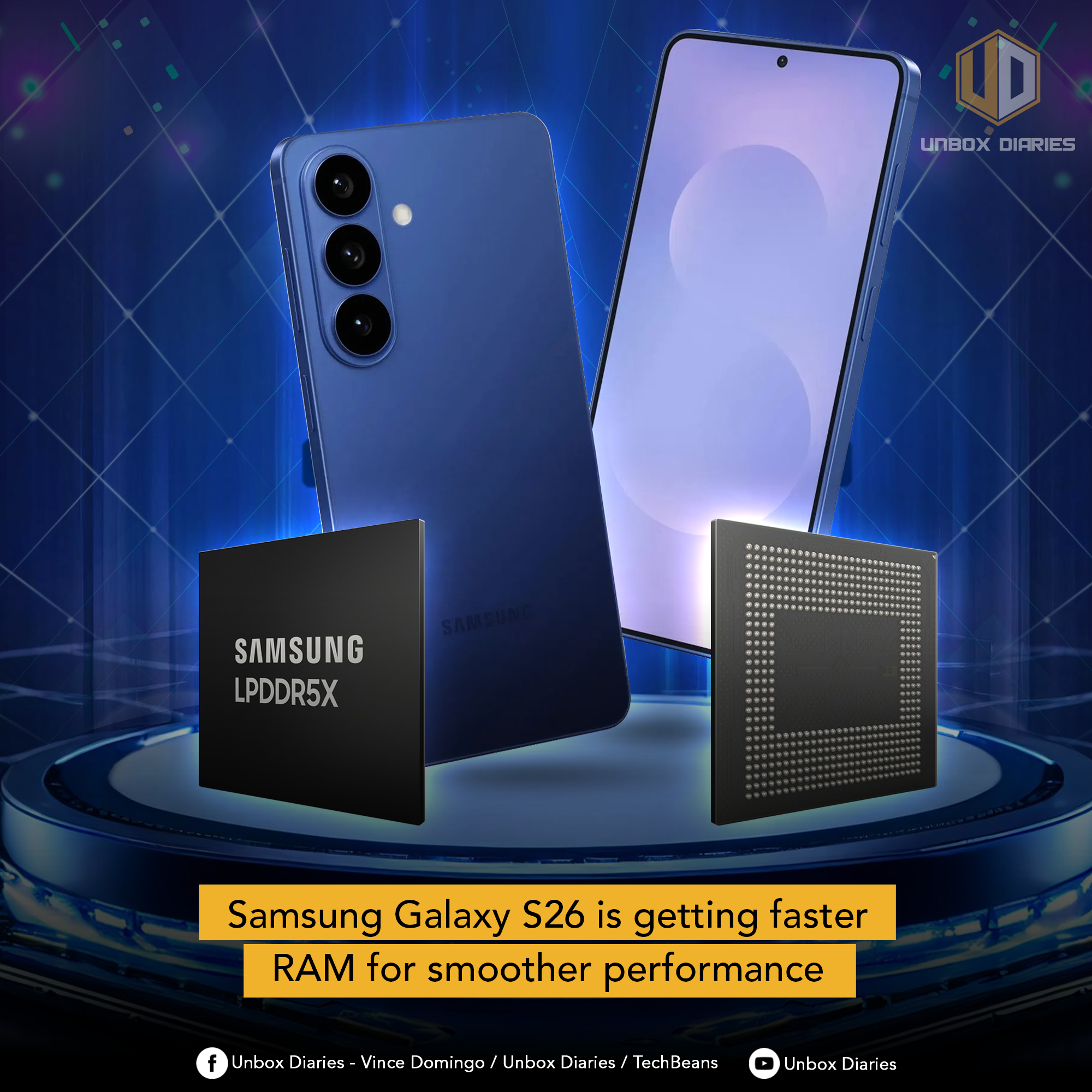 Two dark blue Samsung smartphones are displayed at angles against a blue, tech-inspired background with glowing lines. One phone shows its back with a triple camera setup, while the other displays a light purple wallpaper on its screen. In the foreground, two black square chips are floating: one labeled "SAMSUNG LPDDR5X" and another showing a grid of dots. The "UNBOX DIARIES" logo is at the top right. A yellow banner at the bottom announces "Samsung Galaxy S26 is getting faster RAM for smoother performance". Social media icons and text are present at the very bottom.