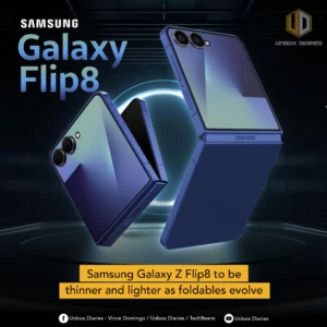 Two blue Samsung Galaxy Flip8 foldable smartphones are dynamically displayed against a dark background with subtle blue lighting. One phone is partially folded, showing its screen and part of its back with cameras. The other is more open, revealing its full screen and the "SAMSUNG" branding on its hinge. Large text at the top reads "SAMSUNG Galaxy Flip8". The "UNBOX DIARIES" logo is at the top right. A yellow banner at the bottom announces "Samsung Galaxy Z Flip8 to be thinner and lighter as foldables evolve". Social media icons and text are present at the very bottom.