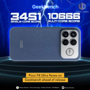 A blue-textured smartphone, possibly the Poco F8 Ultra, is displayed horizontally on a dark, glowing platform. Its prominent camera module, with four lenses and a flash, is on the right side. Above the phone, large white text "Geekbench" is displayed, along with "3451 SINGLE-CORE SCORE" and "10666 MULTI-CORE SCORE" in white, with a lightning bolt graphic between them. The background is a dark blue grid with lightning streaks. The "UNBOX DIARIES" logo is at the top right. A yellow banner at the bottom announces "Poco F8 Ultra flexes on Geekbench ahead of release". Social media icons and text are present at the very bottom.