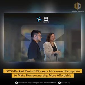Promotional graphic featuring two individuals (a man and a woman) smiling, with the Reelist8 logo above them. A large yellow banner at the bottom reads: "DOST-Backed Reelist8 Pioneers AI-Powered Ecosystem to Make Homeownership More Affordable."
