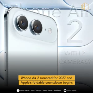 A close-up of the back of a sleek, white iPhone Air 2 is featured, highlighting its dual-camera setup. The background is a blurry light blue and white, with large, semi-transparent text "iPhone Air 2" and "WITH 2 CAMERAS?" visible. The "UNBOX DIARIES" logo is at the top right. A yellow banner at the bottom reads "iPhone Air 2 rumored for 2027 and Apple's foldable countdown begins". Social media icons and text are present at the very bottom.