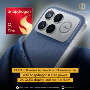 A blue-textured smartphone, possibly from the POCO F8 series, is partially tucked into a denim pocket or fabric, showcasing its prominent camera module with a "BOSE" branding detail. A red "Snapdragon 8 Elite" chip logo is in the upper left corner. The background is dark and subtle. The "UNBOX DIARIES" logo is at the top right. A yellow banner at the bottom announces "POCO F8 series to launch on November 26 with Snapdragon 8 Elite power 2K OLED display, and top-tier RAM". Social media icons and text are present at the very bottom.