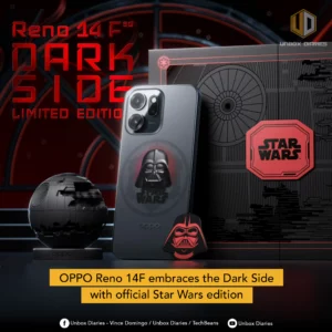 A dark-themed OPPO Reno 14F smartphone with a Darth Vader image on its back is prominently displayed, alongside Star Wars themed accessories. To the left, a spherical Death Star-like object is visible. To the right, a special edition Star Wars box is shown, with a red "STAR WARS" logo sticker. A small Darth Vader head accessory is also present near the phone. Large red text "Reno 14F 5G DARK SIDE LIMITED EDITION" is in the background. The "UNBOX DIARIES" logo is at the top right. A yellow banner at the bottom announces "OPPO Reno 14F embraces the Dark Side with official Star Wars edition". Social media icons and text are present at the very bottom.
