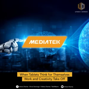 A promotional graphic featuring the orange MediaTek logo floating above a blue circuit board design and a futuristic city skyline. A white robotic hand points toward the logo, and a large blue Earth is visible on the right. The title text, 'When Tablets Think for Themselves Work and Creativity Take Off,' is displayed in a yellow box at the bottom.