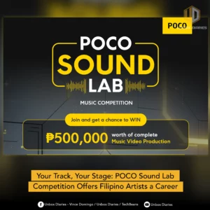 dark, high-tech graphic announcing the "POCO SOUND LAB MUSIC COMPETITION." The title "POCO SOUND LAB" is large and yellow. A prize of "₱500,000 worth of complete Music Video Production" is highlighted in a yellow frame. Below the graphic, a text banner reads: "Your Track, Your Stage: POCO Sound Lab Competition Offers Filipino Artists a Career." The logos of POCO and Unbox Diaries are visible.