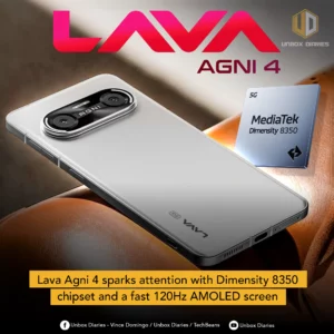 A white Lava Agni 4 smartphone is angled on a dark, reflective surface, showcasing its back with a distinctive oval-shaped camera module. A MediaTek Dimensity 8350 chip, glowing blue, is floating above the phone. Large, pink "LAVA" text and "AGNI 4" are prominent in the upper left. The "UNBOX DIARIES" logo is at the top right. A yellow banner at the bottom announces "Lava Agni 4 sparks attention with Dimensity 8350 chipset and a fast 120Hz AMOLED screen". Social media icons and text are present at the very bottom.