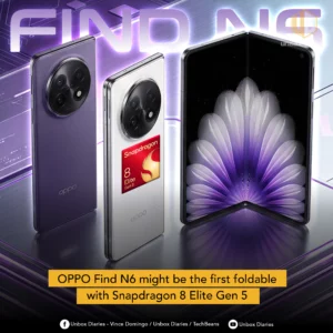 Three OPPO Find N6 foldable smartphones are displayed on a dark, futuristic platform with purple glowing lines. From left to right: a closed purple phone, a closed white phone with a "Snapdragon 8 Elite Gen 5" chip sticker, and a partially folded black phone revealing a purple and white feather-like wallpaper on its screen. All closed phones show their prominent circular camera modules and "oppo" branding. Large, semi-transparent purple text "FIND N6" is in the background. The "UNBOX DIARIES" logo is at the top right. A yellow banner at the bottom announces "OPPO Find N6 might be the first foldable with Snapdragon 8 Elite Gen 5". Social media icons and text are present at the very bottom.
