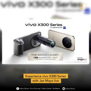 A promotional poster for the vivo X300 Series Grand Launch. It features two vivo X300 phones: one with a large, external telescopic lens and camera grip attachment, and another lying face-down, showcasing its circular camera module. The text reads: "vivo X300 Series Co-engineered with ZEISS," "THE GRAND LAUNCH LIVE NOVEMBER 26, 2025 | 6:00 PM," and "Powered by originOS." Below is a yellow banner with the text "Experience vivo X300 Series with Jan Mayo live."