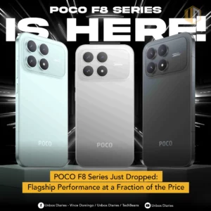 Three POCO F8 series smartphones in light blue, white, and dark grey are displayed standing upright on a dark, reflective surface. Each phone showcases its camera module with four lenses and "BOSE" branding. Large white text at the top declares "POCO F8 SERIES IS HERE!". The background is dark with glowing white horizontal lines. The "UNBOX DIARIES" logo is at the top right. A yellow banner at the bottom announces "POCO F8 Series Just Dropped: Flagship Performance at a Fraction of the Price". Social media icons and text are present at the very bottom.