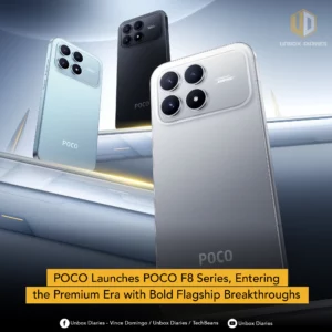 A promotional image featuring three POCO F8 Pro smartphones in Silver (foreground), Light Blue (left), and Black (background), displayed on stylized silver platforms. The silver phone is in focus, clearly showing the quad-camera module and the "Sound by Bose" branding near the camera. A banner at the bottom reads: "POCO Launches POCO F8 Series, Entering the Premium Era with Bold Flagship Breakthroughs."