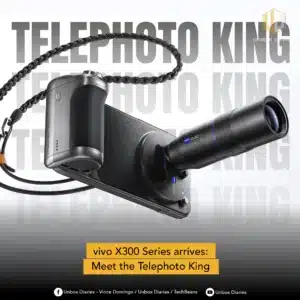 A promotional image with the text "TELEPHOTO KING" repeated in the background. In the foreground is the vivo X300 Pro attached to the telephoto lens and camera grip accessory. A yellow banner reads: "vivo X300 Series arrives: Meet the Telephoto King."
