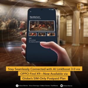 A person holding the black OPPO Find X9 phone in a museum setting, with a large painting visible in the blurred background. The phone screen displays details about Juan Luna's painting "Spoliarium." Large, stylized text at the bottom reads: "Stay Seamlessly Connected with AI LinkBoost 3.0 via OPPO Find X9—Soon Available via Globe’s SIM-Only Postpaid Plan." The image also includes social media handles for "Unbox Diaries."