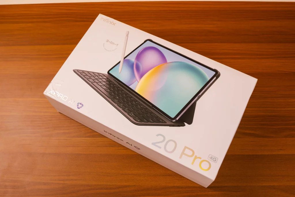 The main product box for the Infinix XPAD 20 Pro, displaying a picture of the tablet with the keyboard attachment and X-Pencil stylus, emphasizing "3-in-1" functionality.
