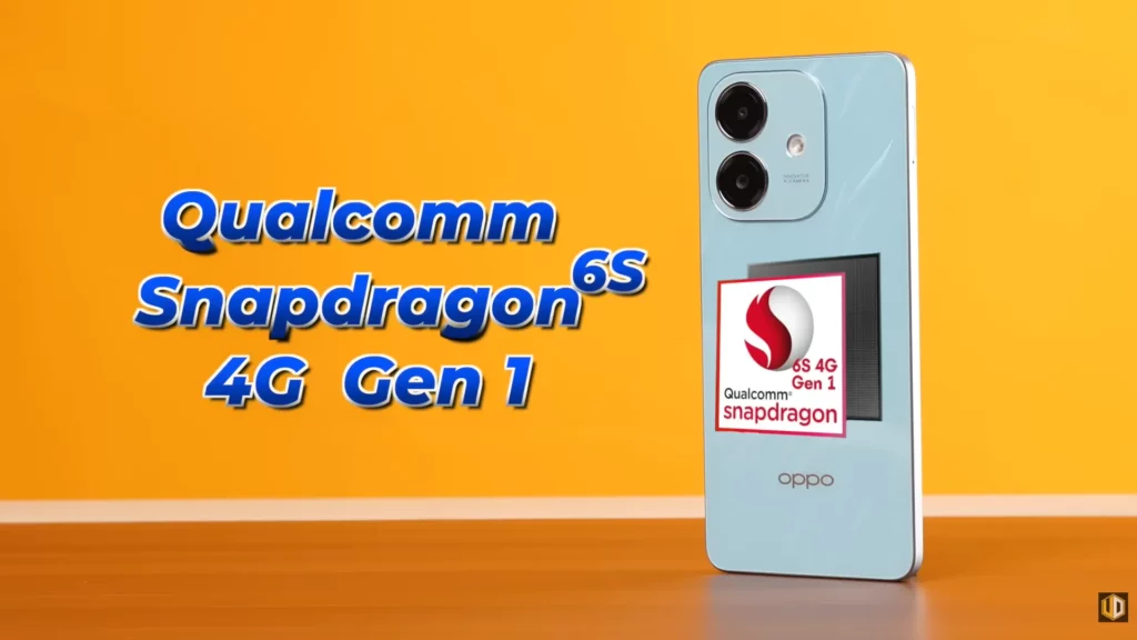 Close-up of the light blue OPPO A3x back. Overlaid text and a graphic indicate the processor: "Qualcomm Snapdragon 6s 4G Gen 1".