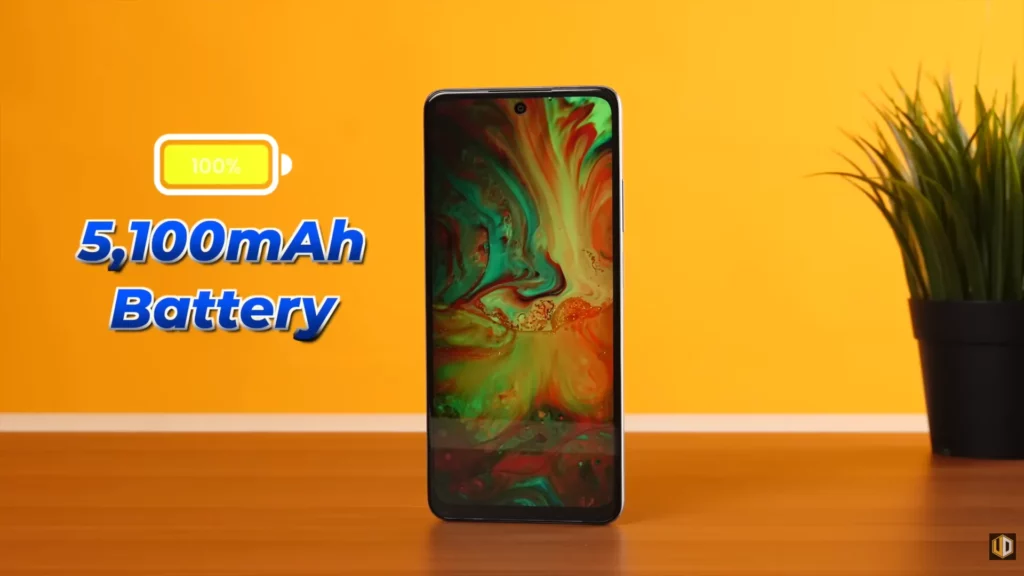 Front view of the OPPO A3x smartphone displaying a colorful abstract image on the screen. Overlaid text indicates: "100% 5,100mAh Battery".