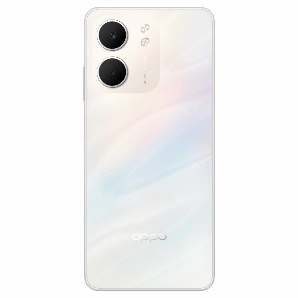 A direct view of the OPPO A5x smartphone in Laser White, featuring a subtle, multi-color iridescent effect across the white back and a dual-lens camera system.