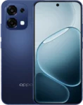 A full frontal and rear view of a deep blue OPPO smartphone (OPPO A6 Pro). The back features a prominent rectangular camera module with two large lenses and a flash. The front display shows a bright, abstract blue wallpaper and has a punch-hole cutout for the front camera centered at the top.