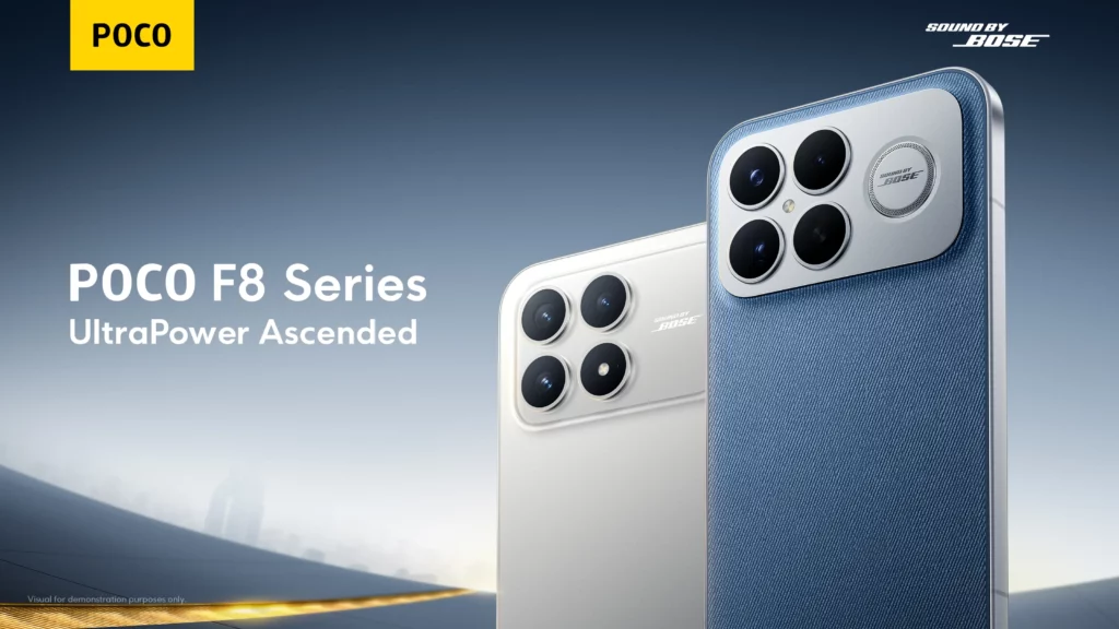 A horizontal promotional image showcasing two POCO F8 Series phones side-by-side, featuring the Sound by Bose partnership. The phone in the foreground is the Denim Blue variant, and the one behind is the Silver/White variant, both emphasizing the large camera module.