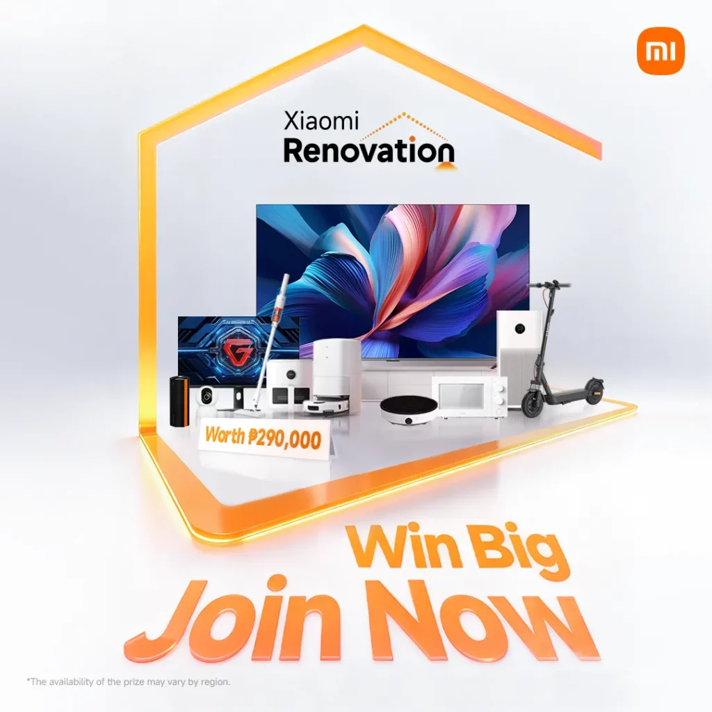 Promotional image for the "Xiaomi Renovation" prize draw. Various home appliances and gadgets (TV, vacuum, scooter, speaker, microwave) are displayed inside a large, glowing orange house outline. Text reads: "Worth P290,000. Win Big Join Now."