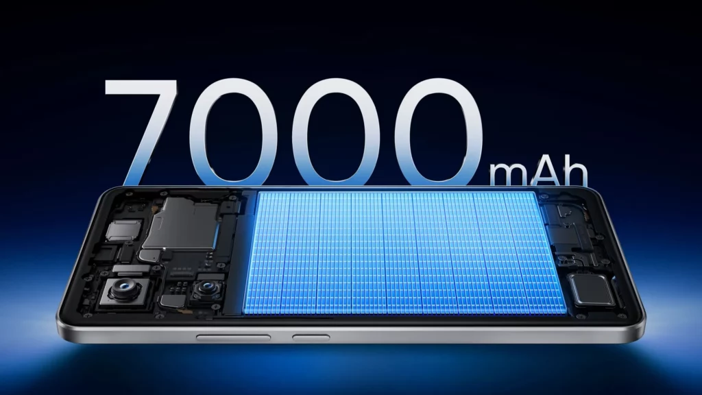 A close-up, internal view of a smartphone chassis with the number "7000 mAh" in large white text floating above it. The image emphasizes the large battery component, shown as a blue grid filling most of the phone's internal space, illustrating a high-capacity 7000 mAh battery.