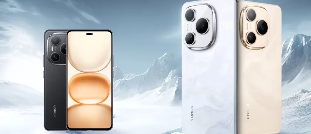 A promotional image showing three Honor smartphones against a snowy, mountainous background. The phones feature distinct colors: one is black, and the other two are white and a light gold/beige. The black phone is shown from the front with a pill-shaped display cutout, while the white and gold phones are shown from the rear, highlighting their large, circular camera modules with three lenses.