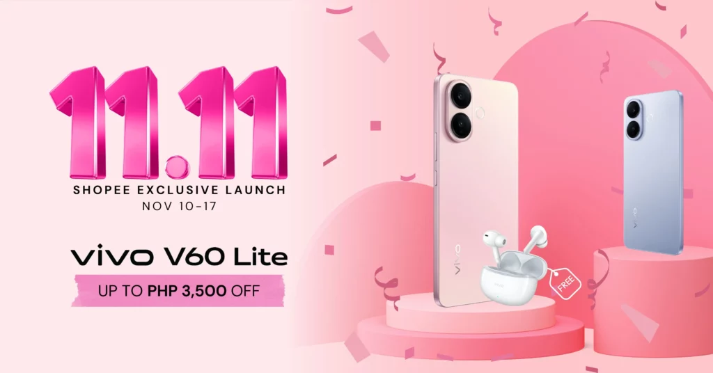 A promotional banner showing the light pink and blue models of the vivo V60 Lite smartphone and a pair of white vivo Buds with a 'FREE' tag. The background is pink, and the text says "11.11 Shopee Exclusive Launch Nov 10-17 vivo V60 Lite Up to Php 3,500 OFF."