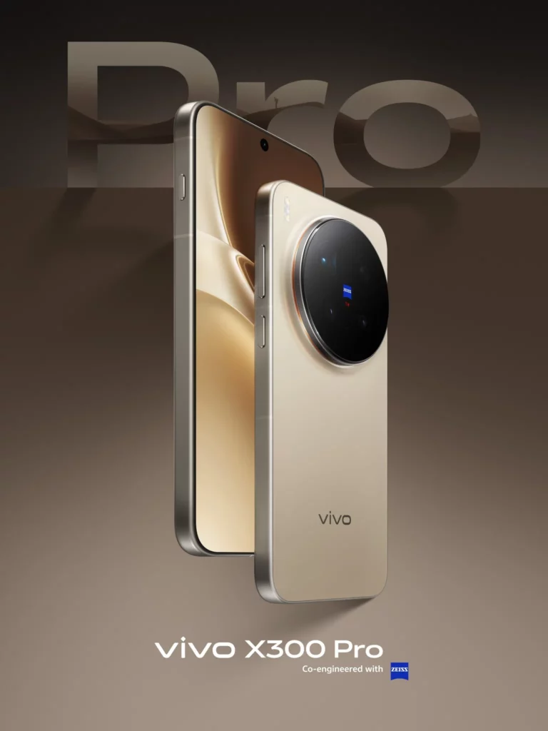 A close-up shot of the vivo X300 Pro smartphone in Dune Brown, shown slightly angled to reveal both the large, circular rear camera module co-engineered with ZEISS and the side profile. The camera module is prominent against the champagne/tan back panel.