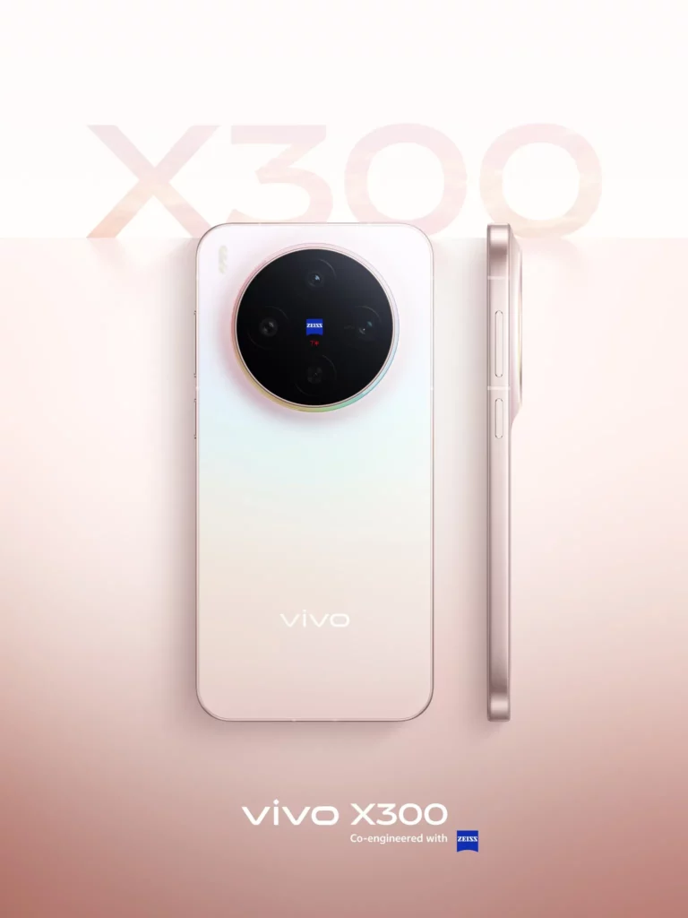 A vibrant image of the vivo X300 smartphone in Halo Pink, showing a gentle gradient finish from white to pink on the back. The large, circular ZEISS-co-engineered camera module is centered at the top, and the phone's slim side profile is visible on the right.