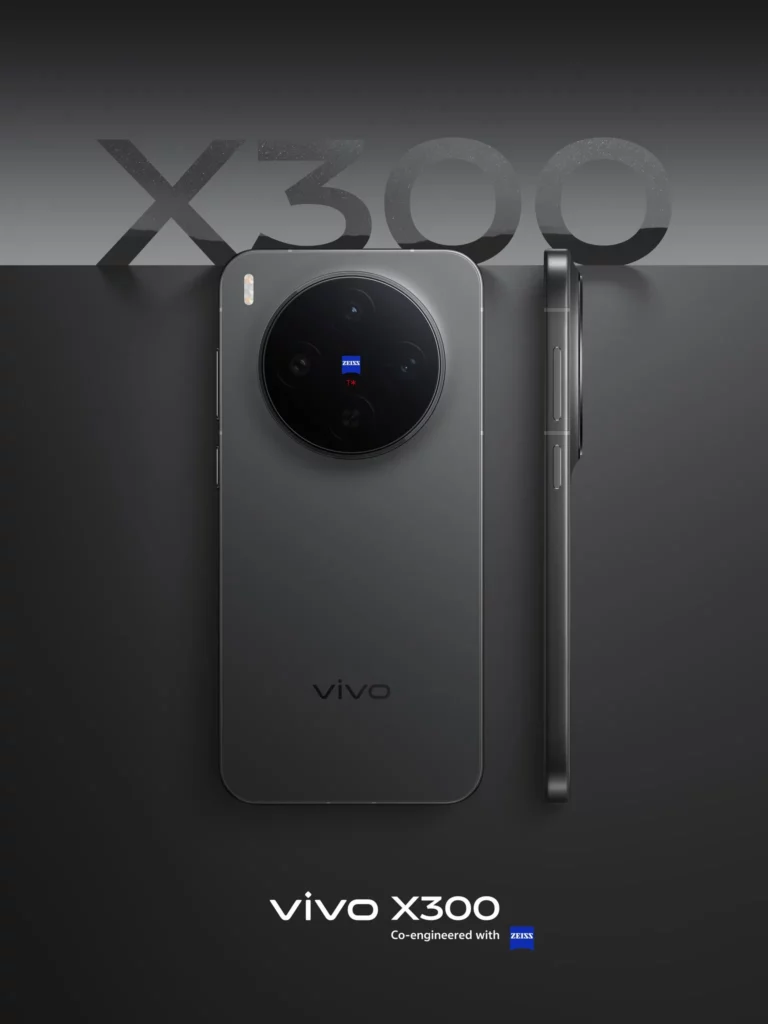 A stark image of the vivo X300 smartphone in Phantom Black, featuring the device from the back and a side profile view. The circular camera module co-engineered with ZEISS is visible on the matte black back panel.
