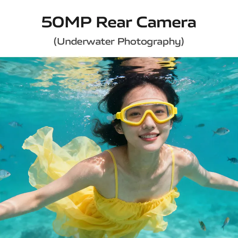An underwater photo of a person wearing a bright yellow dress and yellow goggles, smiling widely amidst small fish and the blue water. Text overlay reads: "50MP Rear Camera (Underwater Photography)."