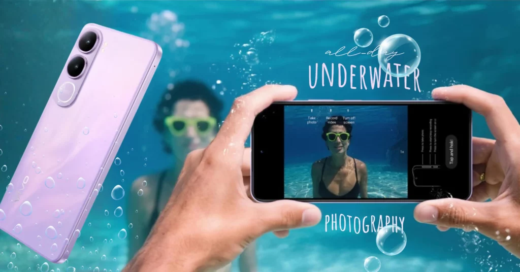 A person holding a black vivo Y21d smartphone underwater to take a photo or video of another person. Bubbles float around them. Text on the image says "all-day UNDERWATER PHOTOGRAPHY."