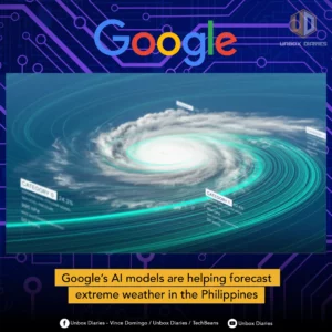 A promotional graphic featuring the Google logo and 'Unbox Diaries' branding. The main image is a digital visualization of a powerful swirling typhoon over the ocean, with overlaid data points labeling 'CATEGORY 0' and 'CATEGORY 1' with statistics. A large yellow banner at the bottom reads: 'Google's AI models are helping forecast extreme weather in the Philippines'.