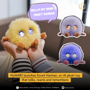 A pair of hands gently holds a fluffy, yellow AI plush toy with big, light blue, glowing eyes and small, brown limbs. A speech bubble above it says "HELLO! MY NAME IS SMART HANHAN". In the background, two similar, smaller plush toys, one light purple and one dark blue, are visible. The overall scene is warm and inviting. The "UNBOX DIARIES" logo is at the top right. A yellow banner at the bottom announces "HUAWEI launches Smart Hanhan, an AI plush toy that talks, reacts and remembers". Social media icons and text are present at the very bottom.