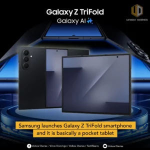 A render of the black Samsung Galaxy Z TriFold smartphone, unfolded to display its large screen, promoting 'Galaxy AI' and described as a 'pocket tablet.'