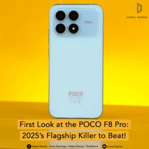 Rear view of a light blue POCO F8 Pro smartphone. It has a light blue/gray camera module with four lenses and the words "SOUND BY BOSE" subtly placed. The phone's back also shows the "POCO" logo and model/regulatory text. It is set against a bright yellow and red background with the text: "First Look at the POCO F8 Pro: 2025's Flagship Killer to Beat!" and "UNBOX DIARIES" branding.