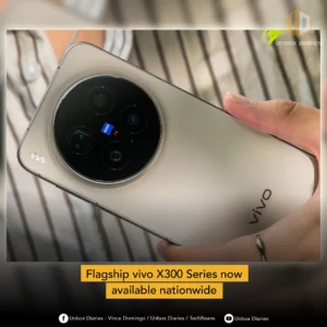Close-up of the back of a light-colored vivo X300 Series phone, highlighting its large, circular camera module with ZEISS branding. Text overlay reads: "Flagship vivo X300 Series now available nationwide."