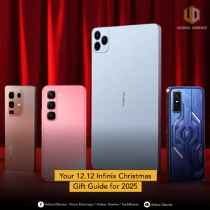 A group shot of four Infinix devices (two smartphones, a large light-blue tablet, and a blue patterned gaming phone) against a red velvet background. Text overlay reads: "Your 12.12 Infinix Christmas Gift Guide for 2025."