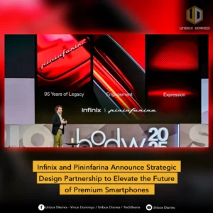 A promotional graphic with a photo of a speaker on a stage below a large screen displaying the Infinix and Pininfarina partnership details. The screen is divided into three sections: "95 Years of Legacy," "Engagement," and "Expression," with a red and black color scheme and the co-branding logo "Infinix