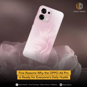 A promotional image showing the OPPO A6 Pro in Coral Pink, floating above a textured pink fabric. The image is branded with "UNBOX DIARIES" and includes a text overlay at the bottom that reads: "Five Reasons Why the OPPO A6 Pro is Ready for Everyone's Daily Hustle."